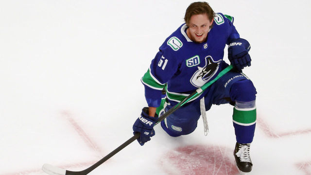 EDMONTON, ALBERTA - AUGUST 30: Troy Stecher #51 of the Vancouver Canucks take a break during warm-ups prior to the game against the Vegas Golden Knights in Game Four of the Western Conference Second Round during the 2020 NHL Stanley Cup Playoffs at Rogers Place on August 30, 2020 in Edmonton, Alberta, Canada.