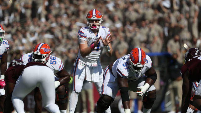 COLLEGE STATION, TX - OCTOBER 10: Kyle Trask #11 of the Florida Gators calls a play against the Texas A&M Aggies during the first half on October 10, 2020 at Kyle Field in College Station, Texas.