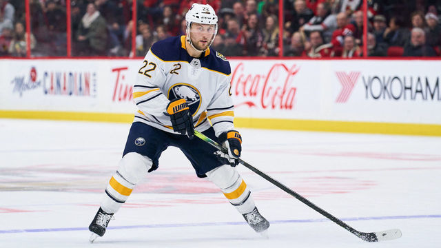 OTTAWA, ON - FEBRUARY 18: Johan Larsson #22 of the Buffalo Sabres skates against the Ottawa Senators at Canadian Tire Centre on February 18, 2020 in Ottawa, Ontario, Canada.
