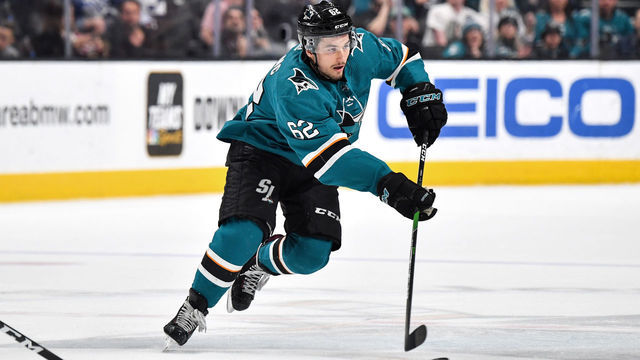 SAN JOSE, CA - MARCH 3: Kevin Labanc #62 of the San Jose Sharks skates ahead with the puck against the Toronto Maple Leafs at SAP Center on March 3, 2020 in San Jose, California.