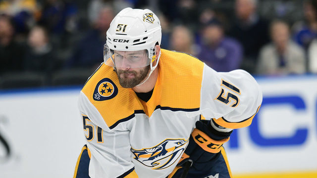 ST. LOUIS, MO- FEBRUARY 15: Nashville Predators leftwing Austin Watson (51) during an NHL game between the Nashville Predators and the St. Louis Blues, on February 15, 2020, at Enterprise Center, St. Louis, MO. Photo by Keith Gillett/Icon Sportswire via Getty Images)