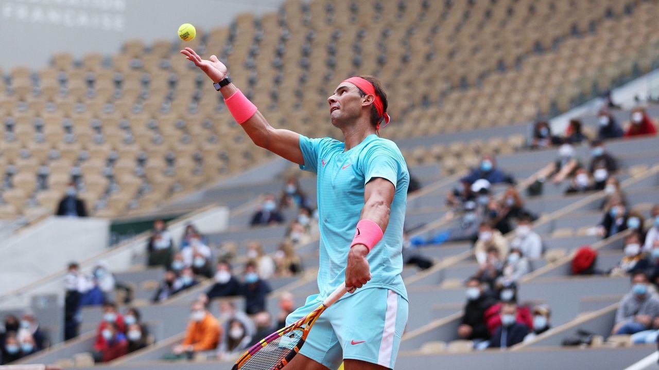 PARIS, Oct. 10, 2020 -- Rafael Nadal of Spain serves during the men's singles semifinal match against Diego Schwartzman of Argentina at the French Open tennis tournament 2020 at Roland Garros in Paris, France, Oct. 9, 2020.