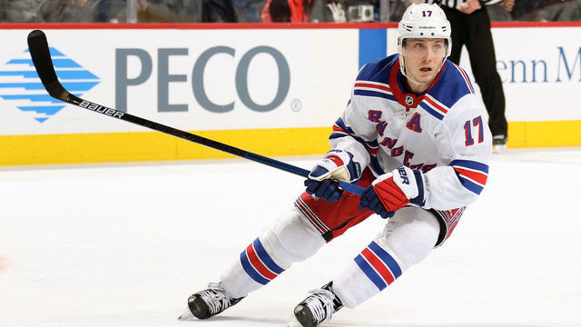 PHILADELPHIA, PA - FEBRUARY 28: Jesper Fast #17 of the New York Rangers skates against the Philadelphia Flyers on February 28, 2020 at the Wells Fargo Center in Philadelphia, Pennsylvania.