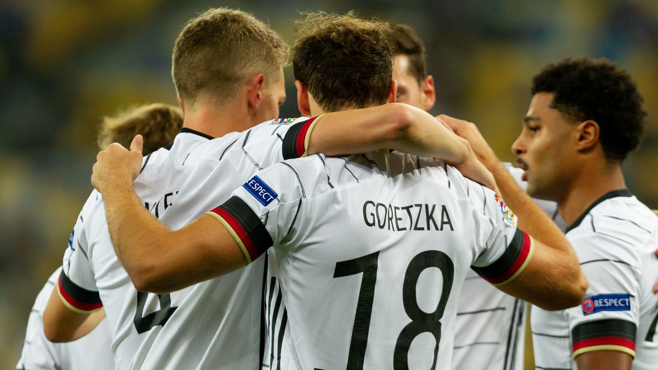 KYIV, UKRAINE - OCTOBER 10: (BILD ZEITUNG OUT) Leon Goretzka of Germany celebrates after scoring his team's second goal during the UEFA Nations League group stage match between Ukraine and Germany at NSC Olimpiyskiy Stadium on October 10, 2020 in Kyiv, Ukraine.