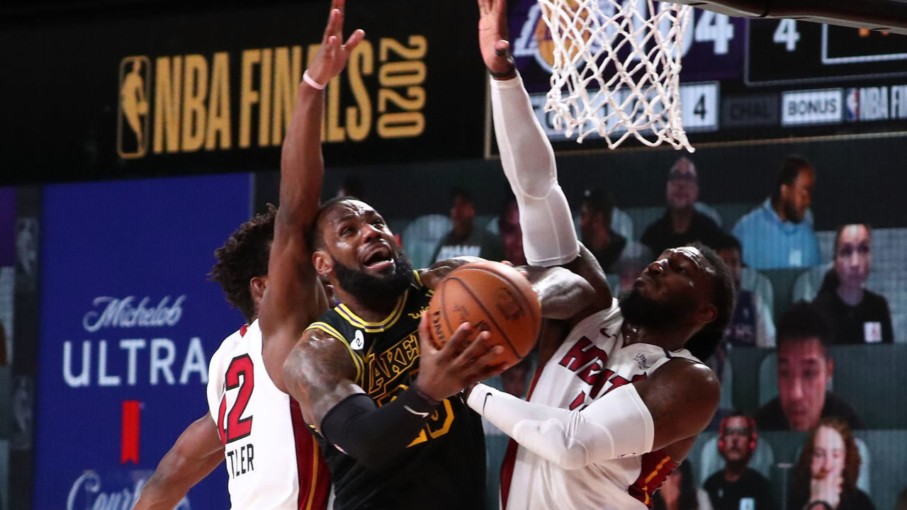 ORLANDO, FL - OCTOBER 9: LeBron James #23 of the Los Angeles Lakers shoots the ball against the Miami Heat during Game Five of the NBA Finals on October 9, 2020 at AdventHealth Arena in Orlando, Florida. NOTE TO USER: User expressly acknowledges and agrees that, by downloading and/or using this Photograph, user is consenting to the terms and conditions of the Getty Images License Agreement. Mandatory Copyright Notice: Copyright 2020 NBAE