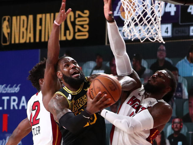 ORLANDO, FL - OCTOBER 9: LeBron James #23 of the Los Angeles Lakers shoots the ball against the Miami Heat during Game Five of the NBA Finals on October 9, 2020 at AdventHealth Arena in Orlando, Florida. NOTE TO USER: User expressly acknowledges and agrees that, by downloading and/or using this Photograph, user is consenting to the terms and conditions of the Getty Images License Agreement. Mandatory Copyright Notice: Copyright 2020 NBAE