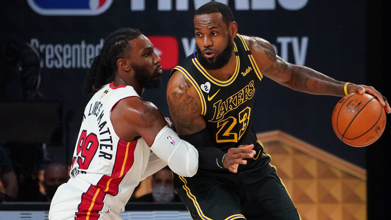 ORLANDO, FL - OCTOBER 09: LeBron James #23 of the Los Angeles Lakers drives to the basket while guarded by Jae Crowder #99 of the Miami Heat during Game Five of the NBA Finals on October 9, 2020 in Orlando, Florida at AdventHealth Arena. NOTE TO USER: User expressly acknowledges and agrees that, by downloading and/or using this Photograph, user is consenting to the terms and conditions of the Getty Images License Agreement. Mandatory Copyright Notice: Copyright 2020 NBAE