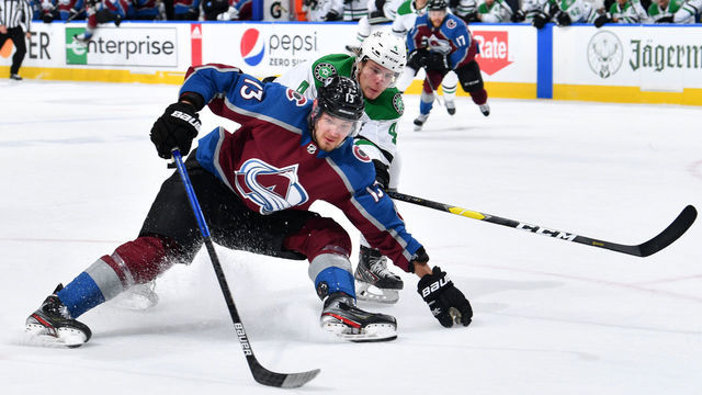 EDMONTON, ALBERTA - AUGUST 31: Miro Heiskanen #4 of the Dallas Stars defends Valeri Nichushkin #13 of the Colorado Avalanche during the first period of Game Five of the Western Conference Second Round during the 2020 NHL Stanley Cup Playoffs at Rogers Place on August 31, 2020 in Edmonton, Alberta.