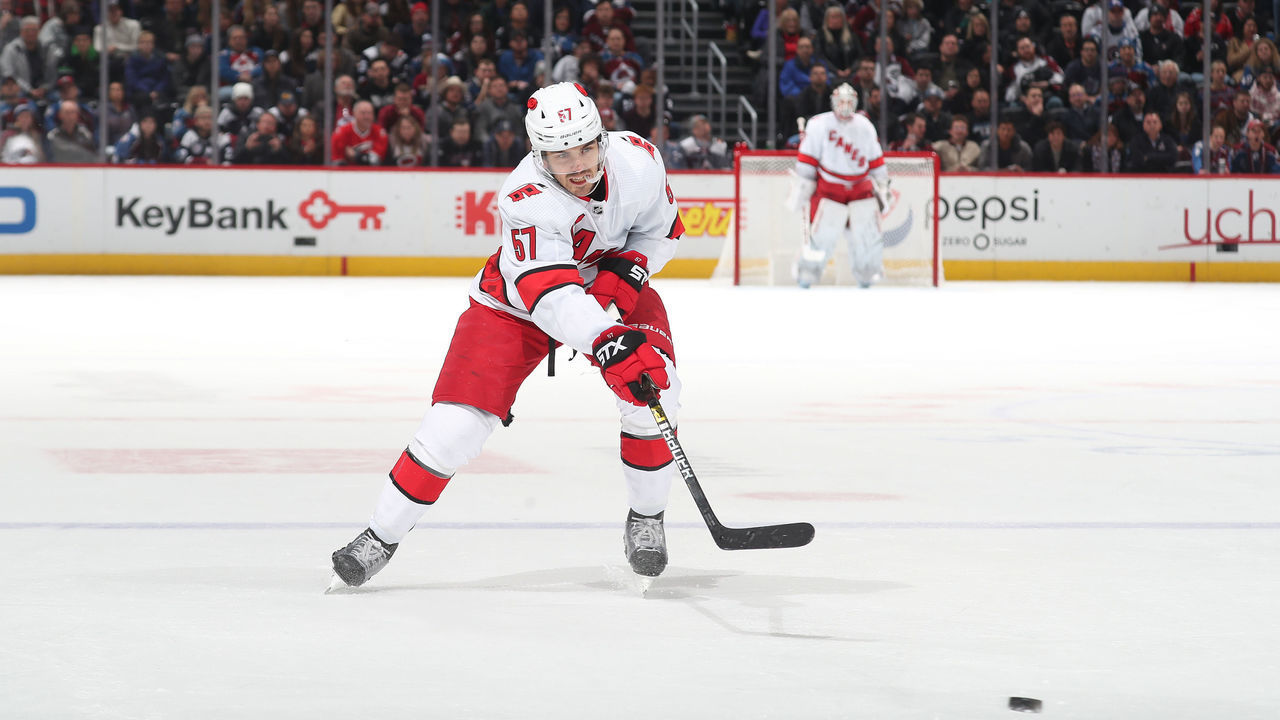 DENVER, COLORADO - DECEMBER 19: Trevor van Riemsdyk #57 of the Carolina Hurricanes skates against the Colorado Avalanche at Pepsi Center on December 19, 2019 in Denver, Colorado.