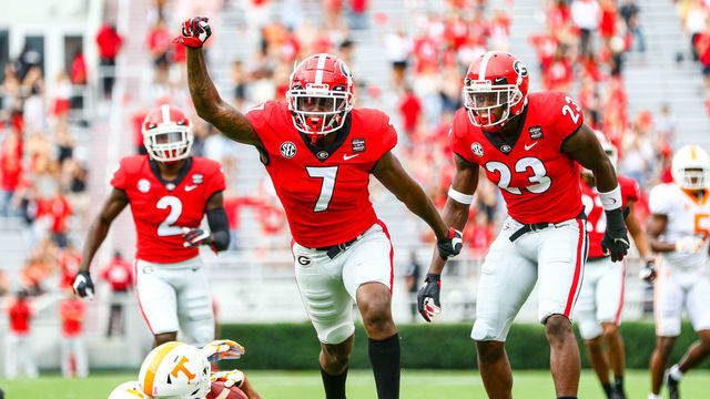 ATHENS, GA - OCTOBER 10: Tyrique Stevenson #7 of the Georgia Bulldogs celebrates a tackle against the Tennessee Vols at Sanford Stadium on October 10, 2020 in Athens, Georgia.