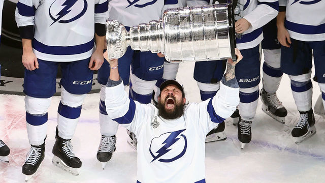 EDMONTON, ALBERTA - SEPTEMBER 28: Zach Bogosian #24 of the Tampa Bay Lightning skates with the Stanley Cup following the series-winning victory over the Dallas Stars in Game Six of the 2020 NHL Stanley Cup Final at Rogers Place on September 28, 2020 in Edmonton, Alberta, Canada.