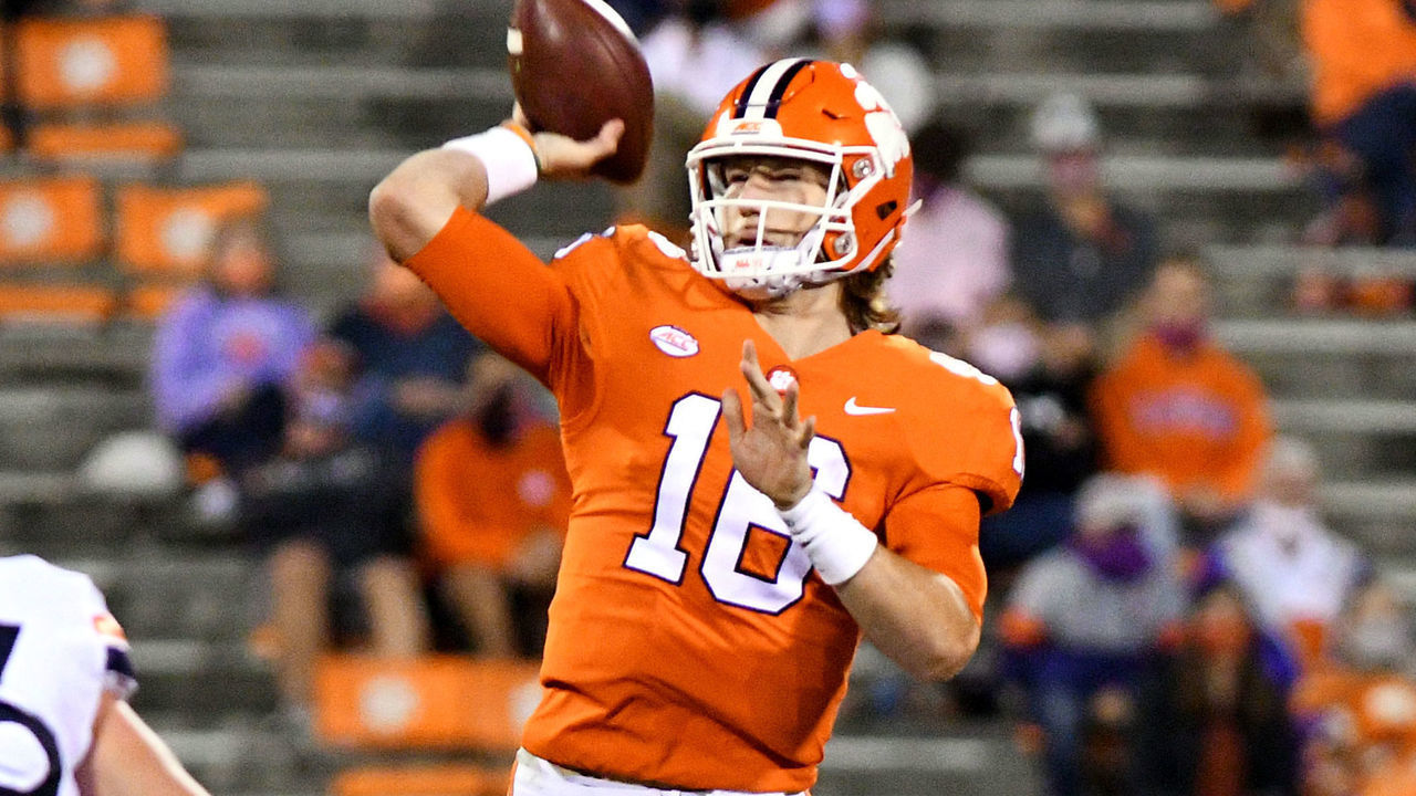 CLEMSON, SC - OCTOBER 03: Clemson Tigers quarterback Trevor Lawrence (16) throws down field during the game between the Clemson Tigers and the Virginia Cavaliers on October 03, 2020 at Memorial Stadium in Clemson, South Carolina.