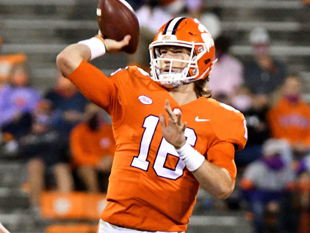 CLEMSON, SC - OCTOBER 03: Clemson Tigers quarterback Trevor Lawrence (16) throws down field during the game between the Clemson Tigers and the Virginia Cavaliers on October 03, 2020 at Memorial Stadium in Clemson, South Carolina.