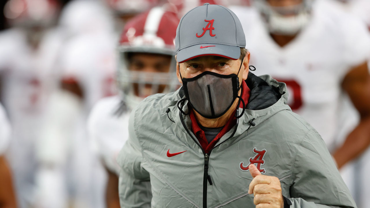 OXFORD, MS - OCTOBER 10: Head coach Nick Saban of the Alabama Crimson Tide leads his team onto the field prior to the game against the Ole Miss Rebels at Vaught Hemingway Stadium on October 10, 2020 in Oxford, Mississippi.