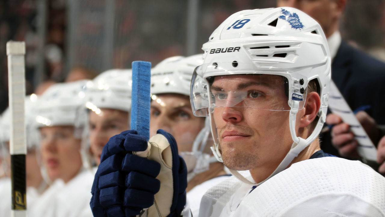 PHILADELPHIA, PA - DECEMBER 03: Andreas Johnsson #18 of the Toronto Maple Leafs looks on from his bench against the Philadelphia Flyers on December 3, 2019 at the Wells Fargo Center in Philadelphia, Pennsylvania.