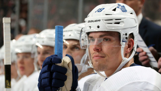 PHILADELPHIA, PA - DECEMBER 03: Andreas Johnsson #18 of the Toronto Maple Leafs looks on from his bench against the Philadelphia Flyers on December 3, 2019 at the Wells Fargo Center in Philadelphia, Pennsylvania.