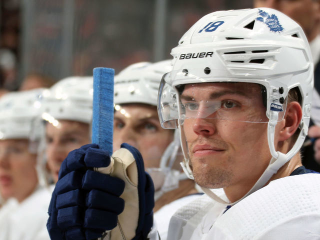PHILADELPHIA, PA - DECEMBER 03: Andreas Johnsson #18 of the Toronto Maple Leafs looks on from his bench against the Philadelphia Flyers on December 3, 2019 at the Wells Fargo Center in Philadelphia, Pennsylvania.