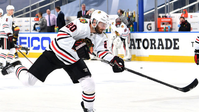 EDMONTON, ALBERTA - AUGUST 18: Brandon Saad #20 of the Chicago Blackhawks attends warm ups before playing against the Vegas Golden Knights in Game Five of the Western Conference First Round of the 2020 NHL Stanley Cup Playoff at Rogers Place on August 18, 2020 in Edmonton, Alberta.