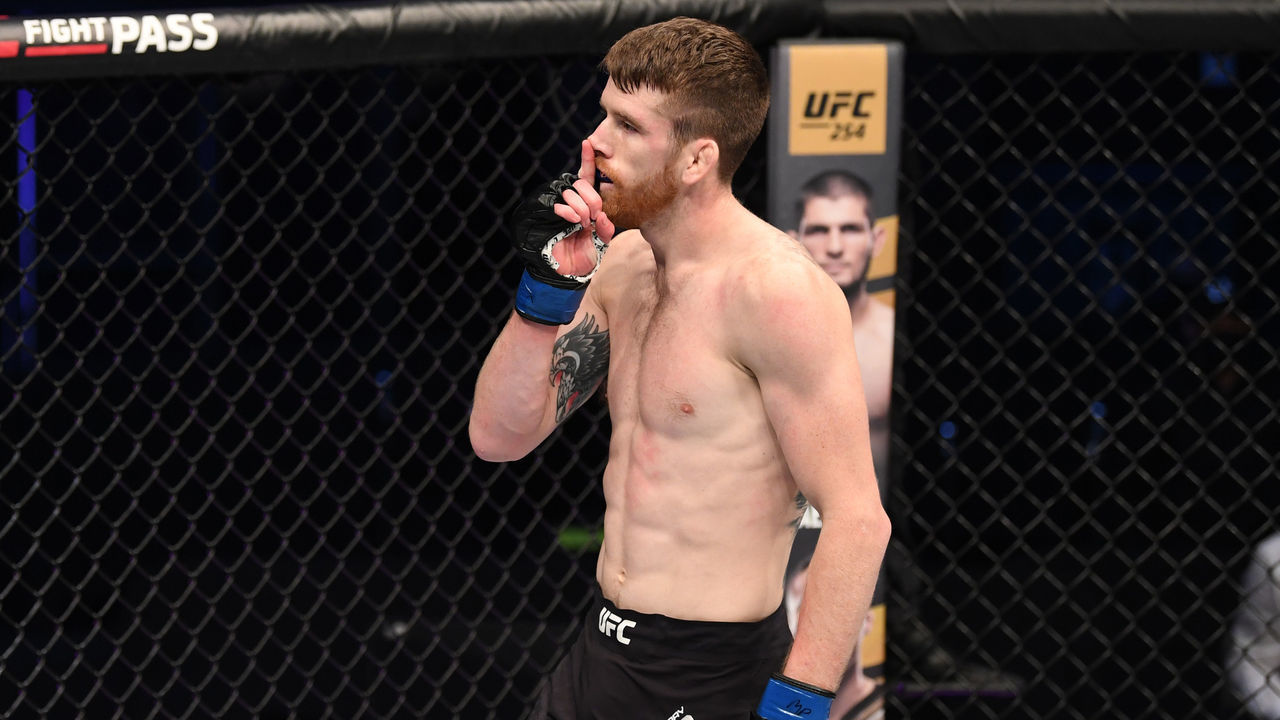 ABU DHABI, UNITED ARAB EMIRATES - OCTOBER 11: Cory Sandhagen celebrates his victory over Marlon Moraes of Brazil in their bantamweight bout during the UFC Fight Night event inside Flash Forum on UFC Fight Island on October 11, 2020 in Abu Dhabi, United Arab Emirates.