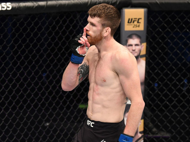 ABU DHABI, UNITED ARAB EMIRATES - OCTOBER 11: Cory Sandhagen celebrates his victory over Marlon Moraes of Brazil in their bantamweight bout during the UFC Fight Night event inside Flash Forum on UFC Fight Island on October 11, 2020 in Abu Dhabi, United Arab Emirates.