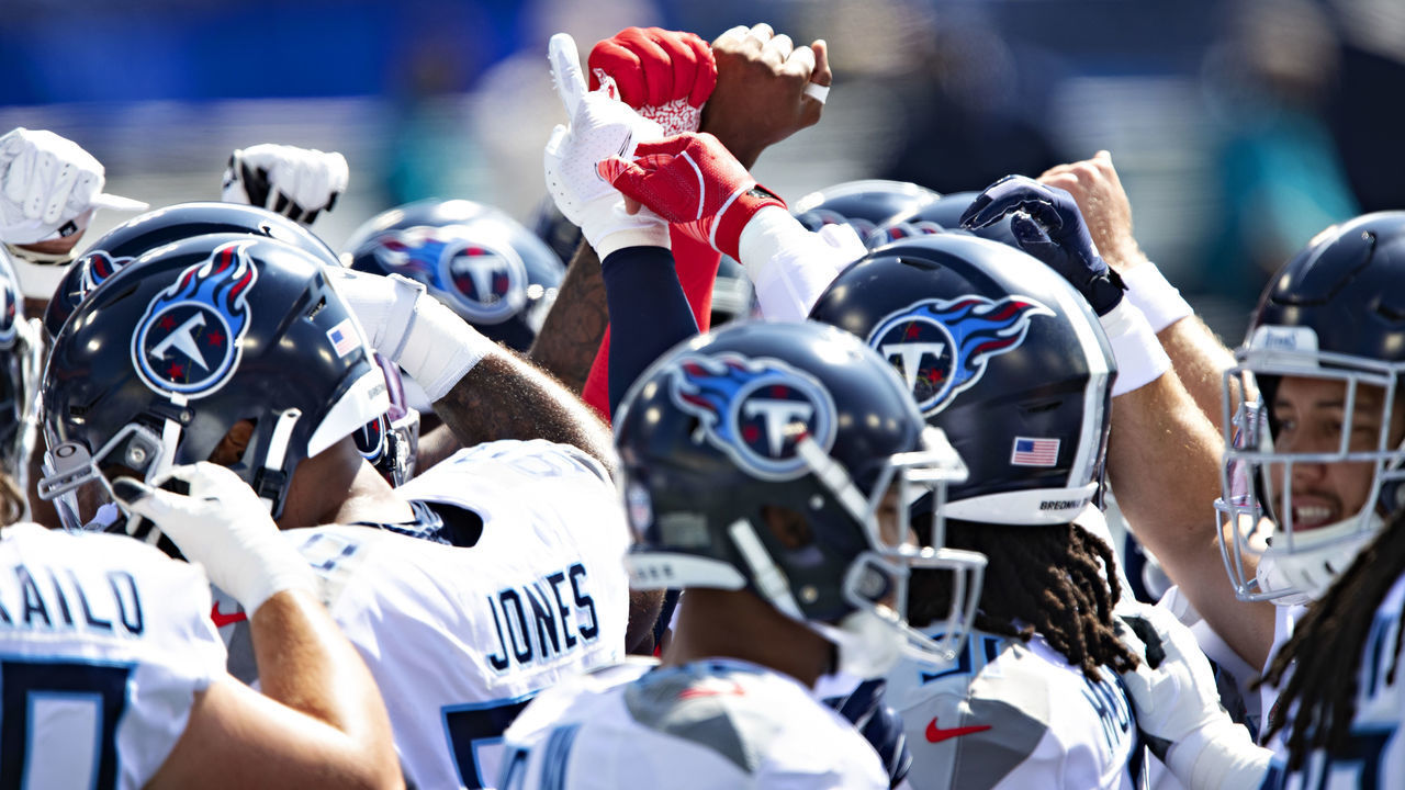 NASHVILLE, TN - SEPTEMBER 20: Players of the Tennessee Titans huddle together before a game against the Jacksonville Jaguars at Nissan Stadium on September 20, 2020 in Nashville, Tennessee. The Titans defeated the Jaguars 33-30.