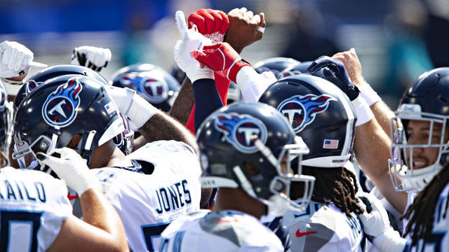 NASHVILLE, TN - SEPTEMBER 20: Players of the Tennessee Titans huddle together before a game against the Jacksonville Jaguars at Nissan Stadium on September 20, 2020 in Nashville, Tennessee. The Titans defeated the Jaguars 33-30.