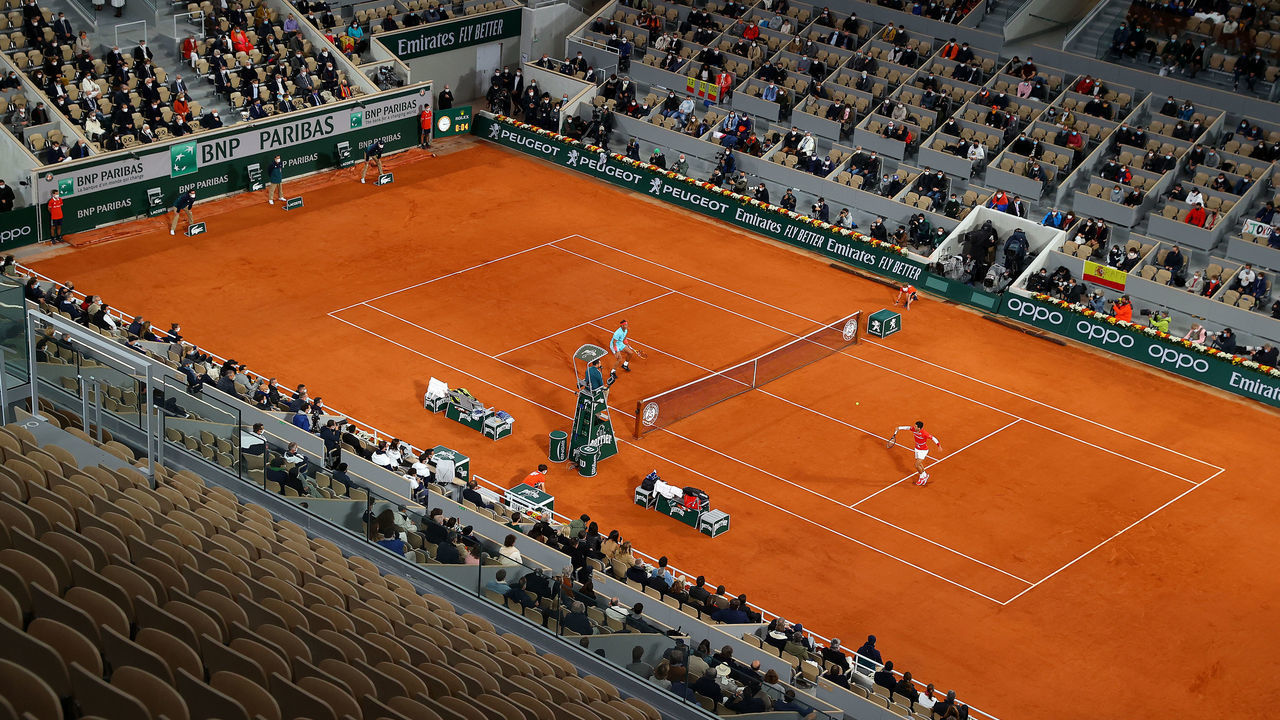 PARIS, FRANCE - OCTOBER 11: General view inside Court Philippe-Chatrier during the Men's Singles Final between Rafael Nadal of Spain and Novak Djokovic of Serbia on day fifteen of the 2020 French Open at Roland Garros on October 11, 2020 in Paris, France. A maximum of 1,000 spectators have been permitted into the tournament per day due to the COVID-19 pandemic.