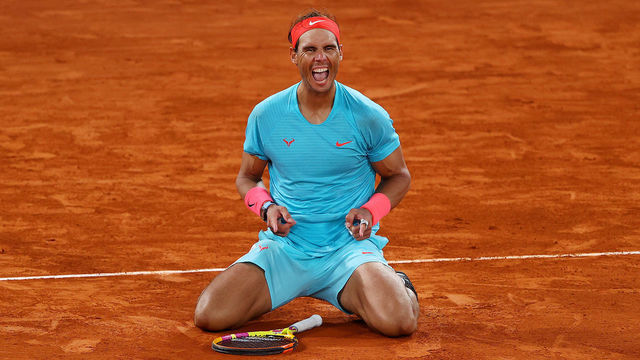 PARIS, FRANCE - OCTOBER 11: Rafael Nadal of Spain celebrates after winning championship point during his Men's Singles Final against Novak Djokovic of Serbia on day fifteen of the 2020 French Open at Roland Garros on October 11, 2020 in Paris, France.