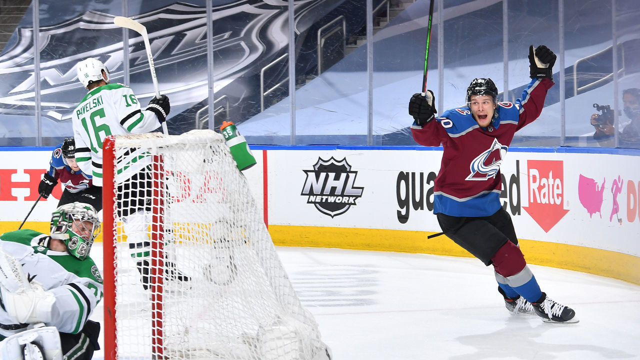 EDMONTON, ALBERTA - SEPTEMBER 04: Vladislav Namestnikov #90 of the Colorado Avalanche reacts after scoring against goaltender Anton Khudobin #35 of the Dallas Stars in the third period of Game Seven of the Western Conference Second Round of the 2020 NHL Stanley Cup Playoff between the Dallas Stars and the Colorado Avalanche at Rogers Place on September 04, 2020 in Edmonton, Alberta.