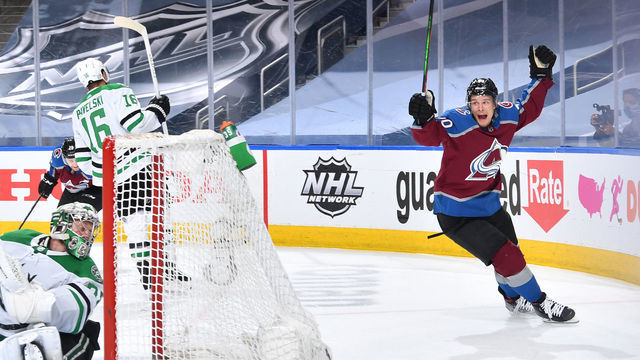 EDMONTON, ALBERTA - SEPTEMBER 04: Vladislav Namestnikov #90 of the Colorado Avalanche reacts after scoring against goaltender Anton Khudobin #35 of the Dallas Stars in the third period of Game Seven of the Western Conference Second Round of the 2020 NHL Stanley Cup Playoff between the Dallas Stars and the Colorado Avalanche at Rogers Place on September 04, 2020 in Edmonton, Alberta.