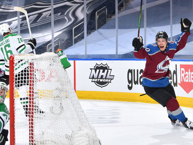 EDMONTON, ALBERTA - SEPTEMBER 04: Vladislav Namestnikov #90 of the Colorado Avalanche reacts after scoring against goaltender Anton Khudobin #35 of the Dallas Stars in the third period of Game Seven of the Western Conference Second Round of the 2020 NHL Stanley Cup Playoff between the Dallas Stars and the Colorado Avalanche at Rogers Place on September 04, 2020 in Edmonton, Alberta.