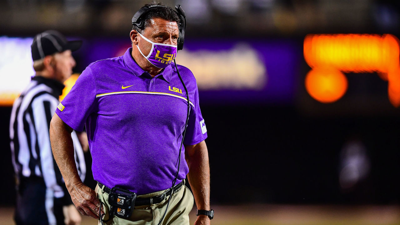 NASHVILLE, TN - OCTOBER 3: Head Coach Ed Orgeron of the LSU Tigers walks the sideline against the Vanderbilt Commodores at Vanderbilt Stadium on October 3, 2020 in Nashville, Tennessee.