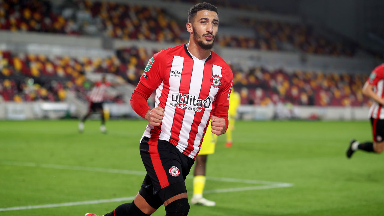 BRENTFORD, ENGLAND - OCTOBER 01: Said Benrahma celebrates after scoring the second goal for Brentford during the Carabao Cup fourth round match between Brentford and Fulham at Brentford Community Stadium on October 1, 2020 in Brentford, England. Football Stadiums around United Kingdom remain empty due to the Coronavirus Pandemic as Government social distancing laws prohibit fans inside venues resulting in fixtures being played behind closed doors.