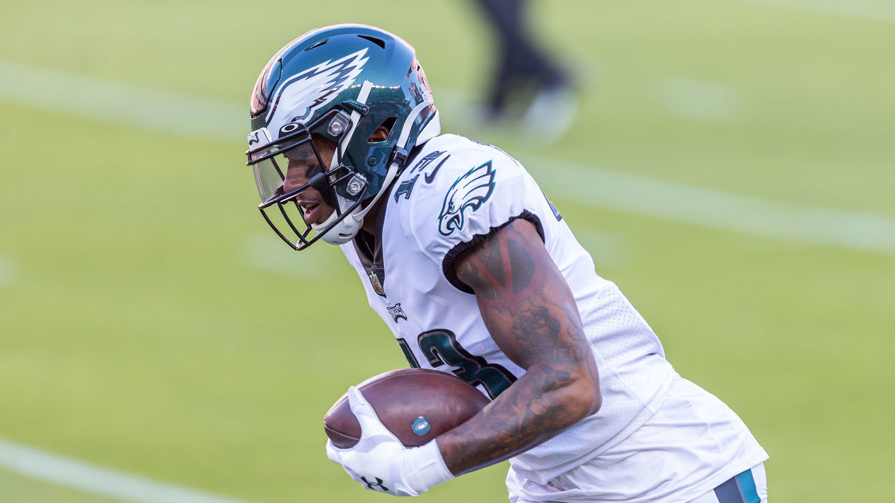 SANTA CLARA, CA - OCTOBER 04: Philadelphia Eagles Wide Receiver Travis Fulgham (13) warms up before the NFL football game between the Philadelphia Eagles and the San Francisco 49ers on October 4, 2020 at Levis Stadium in Santa Clara, CA.