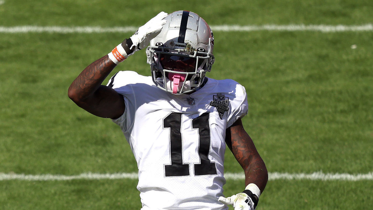 KANSAS CITY, MISSOURI - OCTOBER 11: Henry Ruggs III #11 of the Las Vegas Raiders celebrates after a 46-yard reception against the Kansas City Chiefs during the first quarter at Arrowhead Stadium on October 11, 2020 in Kansas City, Missouri.