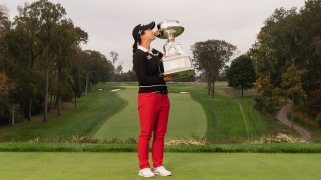 NEWTOWN SQUARE, PA - OCTOBER 11: Sei Young Kim of the Republic of Korea poses with the KPMG trophy after winning the 2020 KPMG Women's PGA Championship at Aronimink Golf Club on October 11, 2020 in Newtown Square, Pennsylvania.