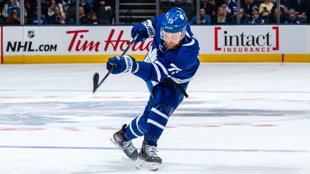 TORONTO, ON - FEBRUARY 13: Kyle Clifford #73 of the Toronto Maple Leafs takes a shot against the Dallas Stars during the second period at the Scotiabank Arena on February 13, 2020 in Toronto, Ontario, Canada.