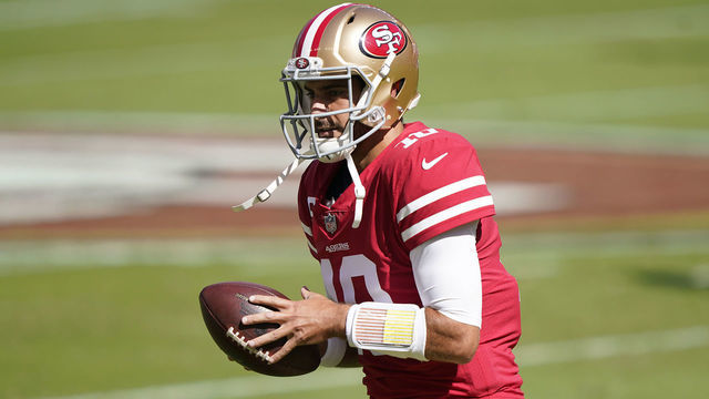SANTA CLARA, CALIFORNIA - OCTOBER 11: Jimmy Garoppolo #10 of the San Francisco 49ers warms up prior to the start of the game against the Miami Dolphins at Levi's Stadium on October 11, 2020 in Santa Clara, California.