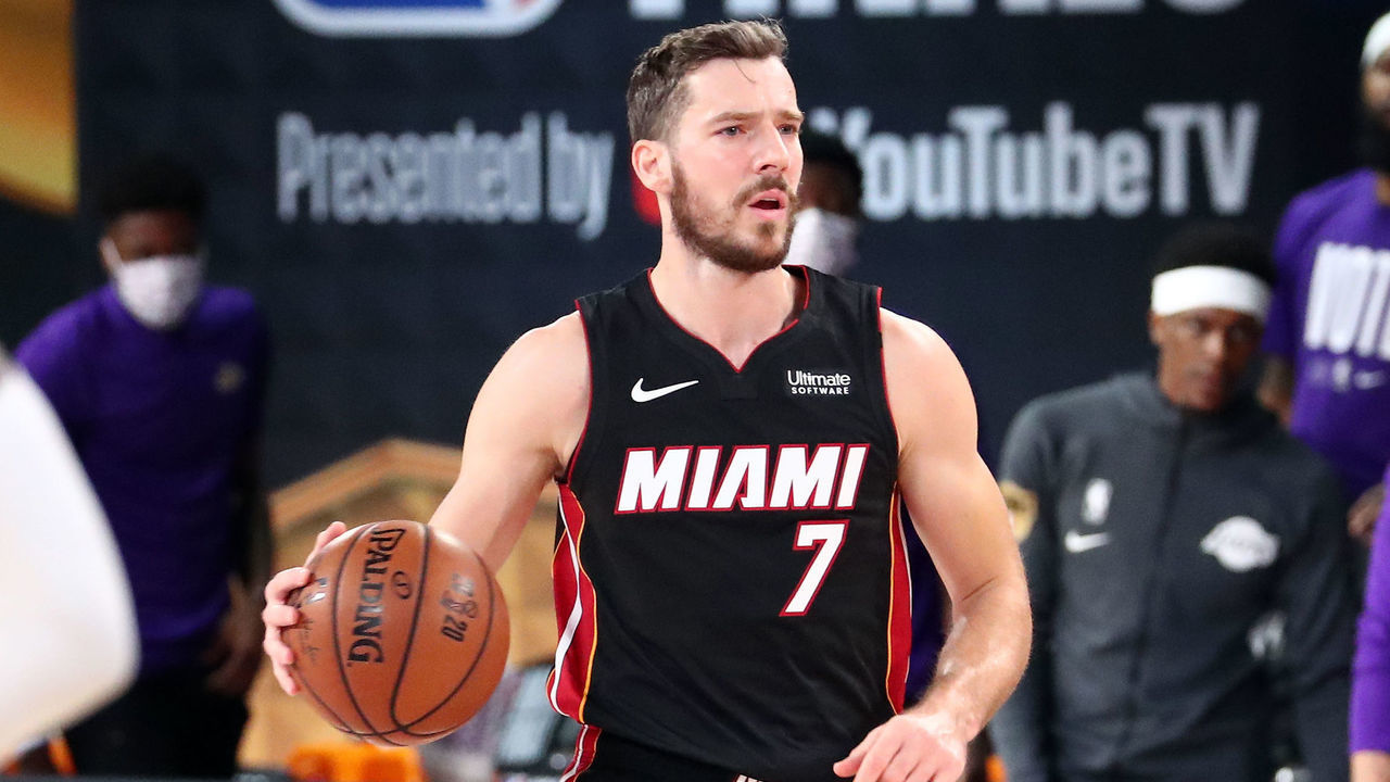 ORLANDO, FL - SEPTEMBER 30: Goran Dragic #7 of the Miami Heat handles the ball during the game against the Los Angeles Lakers during Game One of the NBA Finals on September 30, 2020 at The AdventHealth Arena at ESPN Wide World Of Sports Complex in Orlando, Florida. NOTE TO USER: User expressly acknowledges and agrees that, by downloading and/or using this Photograph, user is consenting to the terms and conditions of the Getty Images License Agreement. Mandatory Copyright Notice: Copyright 2020 NBAE