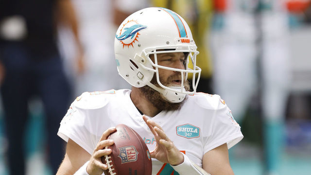 MIAMI GARDENS, FLORIDA - OCTOBER 04: Ryan Fitzpatrick #14 of the Miami Dolphins looks to pass against the Seattle Seahawks during the first half at Hard Rock Stadium on October 04, 2020 in Miami Gardens, Florida.