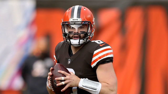 CLEVELAND, OHIO - OCTOBER 11: Baker Mayfield #6 of the Cleveland Browns drops back to pass in the first quarter against the Indianapolis Colts at FirstEnergy Stadium on October 11, 2020 in Cleveland, Ohio.