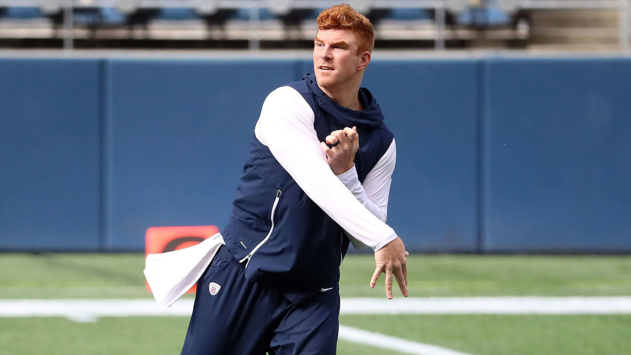 SEATTLE, WASHINGTON - SEPTEMBER 27: Andy Dalton #14 of the Dallas Cowboys warms up before their game against the Seattle Seahawks at CenturyLink Field on September 27, 2020 in Seattle, Washington.