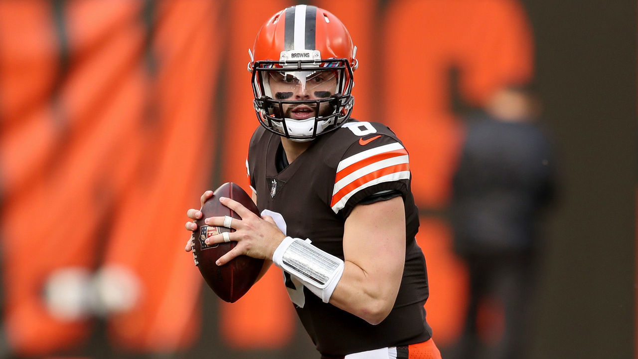 CLEVELAND, OHIO - OCTOBER 11: Baker Mayfield #6 of the Cleveland Browns drops back to pass in the first quarter against the Indianapolis Colts at FirstEnergy Stadium on October 11, 2020 in Cleveland, Ohio.