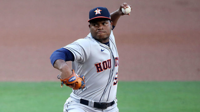 SAN DIEGO, CALIFORNIA - OCTOBER 11: Framber Valdez #59 of the Houston Astros delivers the pitch against the Tampa Bay Rays during the first inning in game one of the American League Championship Series at PETCO Park on October 11, 2020 in San Diego, California.