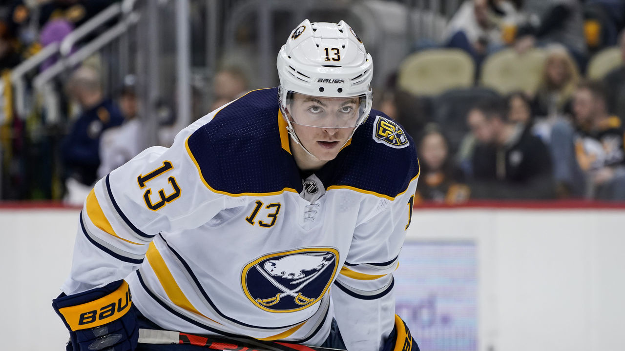 PITTSBURGH, PA - FEBRUARY 22: Buffalo Sabres Left Wing Jimmy Vesey (13) waits for play to begin during the second period in the NHL game between the Pittsburgh Penguins and the Buffalo Sabres on February 22, 2020, at PPG Paints Arena in Pittsburgh, PA.