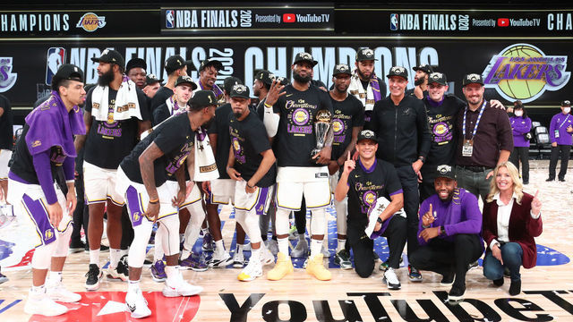 ORLANDO, FL - OCTOBER 11: The Los Angeles Lakers poses for a photo together after winning Game Six of the NBA Finals on October 11, 2020 at AdventHealth Arena in Orlando, Florida. NOTE TO USER: User expressly acknowledges and agrees that, by downloading and/or using this Photograph, user is consenting to the terms and conditions of the Getty Images License Agreement. Mandatory Copyright Notice: Copyright 2020 NBAE