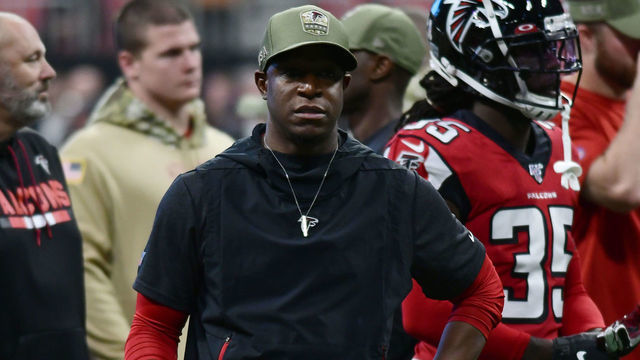 ATLANTA, GA - NOVEMBER 24: Atlanta Falcons Assistant Head Coach Raheem Morris during warmups before the NFL game between the Tampa Bay Buccaneers and the Atlanta Falcons on November 24, 2019, at Mercedes-Benz Stadium in Atlanta, GA.
