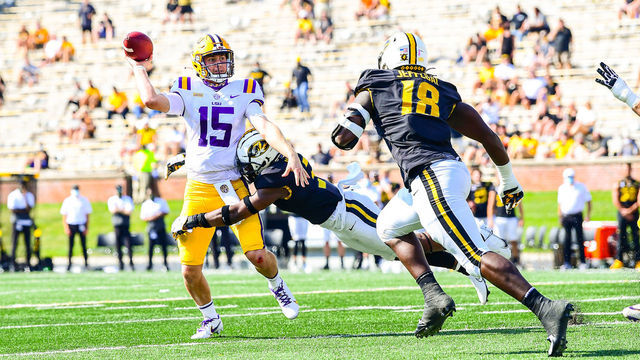 COLUMBIA, MO - OCTOBER 10: Myles Brennan #15 of the LSU Tigers makes a pass against the Missouri Tigers on October 10, 2020 at Memorial Stadium in Columbia, Missouri.
