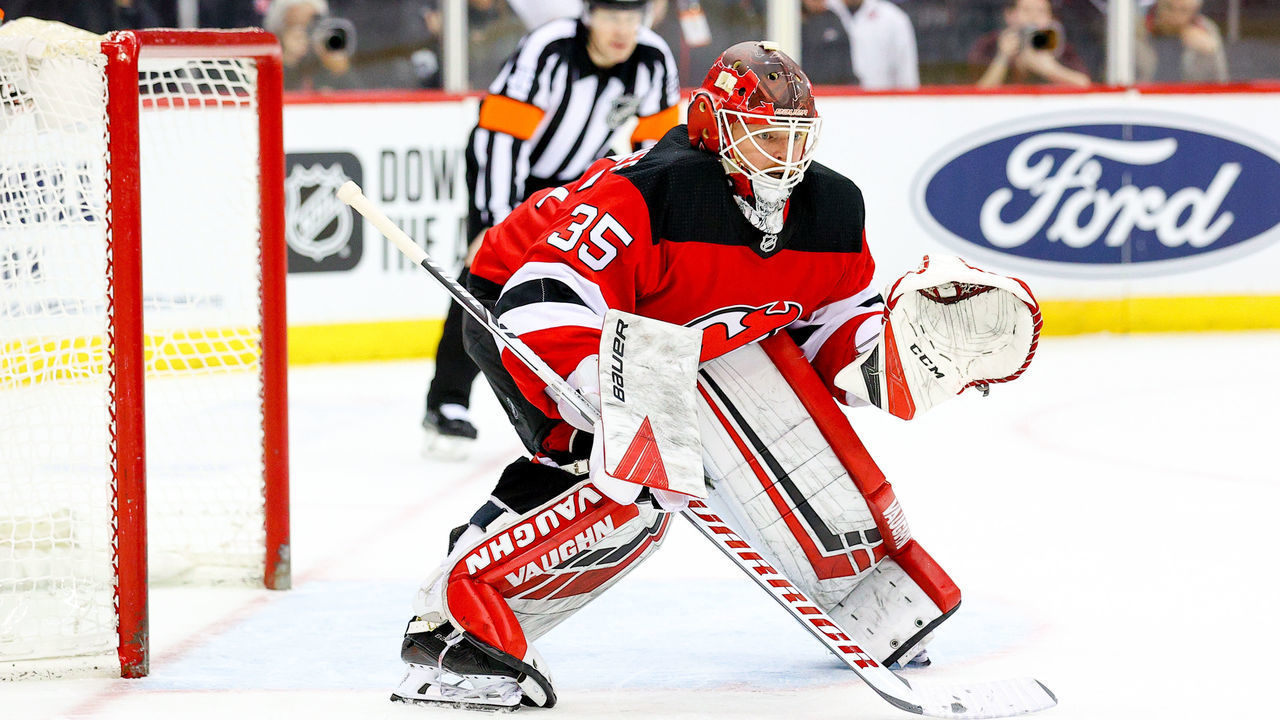 NEWARK, NJ - MARCH 06: New Jersey Devils goaltender Cory Schneider (35) during the National Hockey League game between the New Jersey Devils and the St. Louis Blues on March 6, 2020 at the Prudential Center in Newark, NJ.