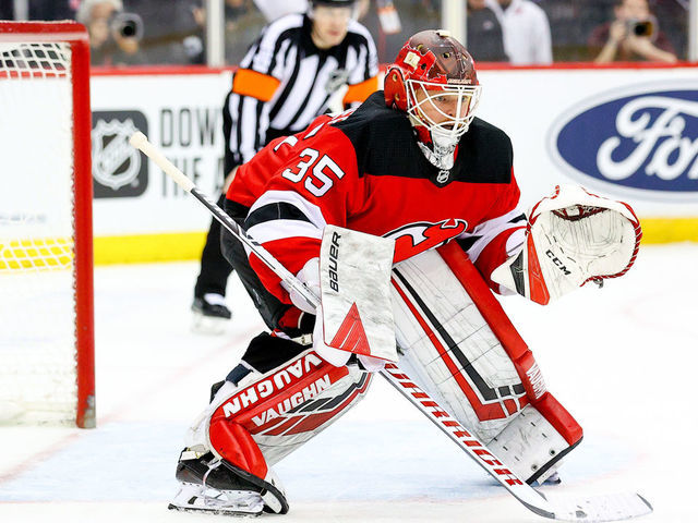 NEWARK, NJ - MARCH 06: New Jersey Devils goaltender Cory Schneider (35) during the National Hockey League game between the New Jersey Devils and the St. Louis Blues on March 6, 2020 at the Prudential Center in Newark, NJ.